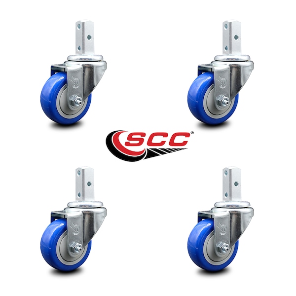 3.5 Inch Blue Polyurethane Wheel Swivel 7/8 Inch Square Stem Caster Set SCC
